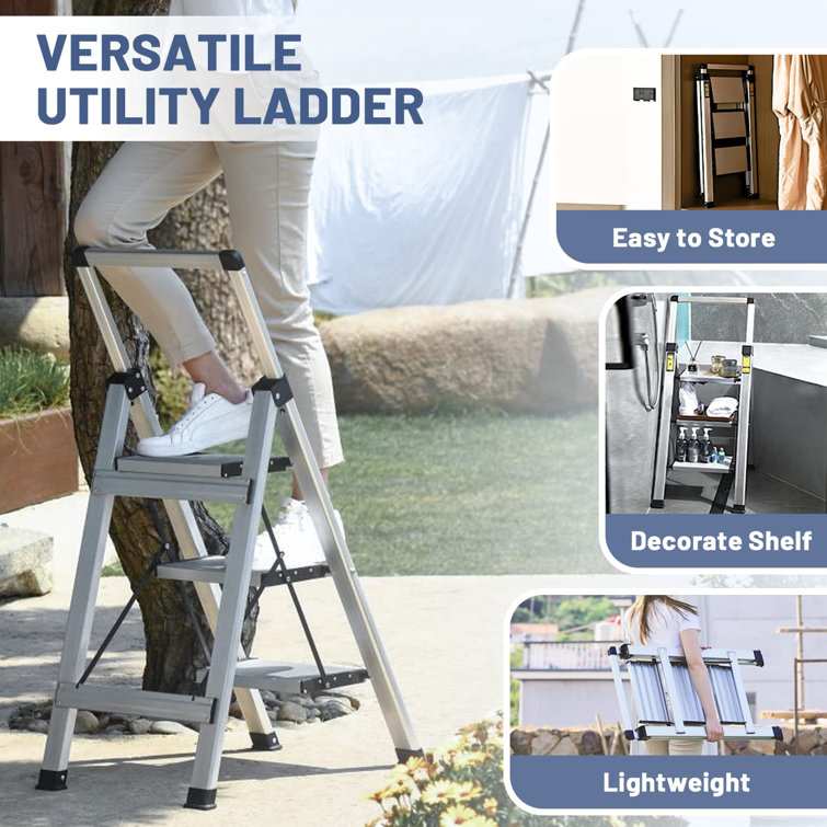 WFX Utility Step Ladder 3 Step Stool, Retractable Handgrip Aluminum